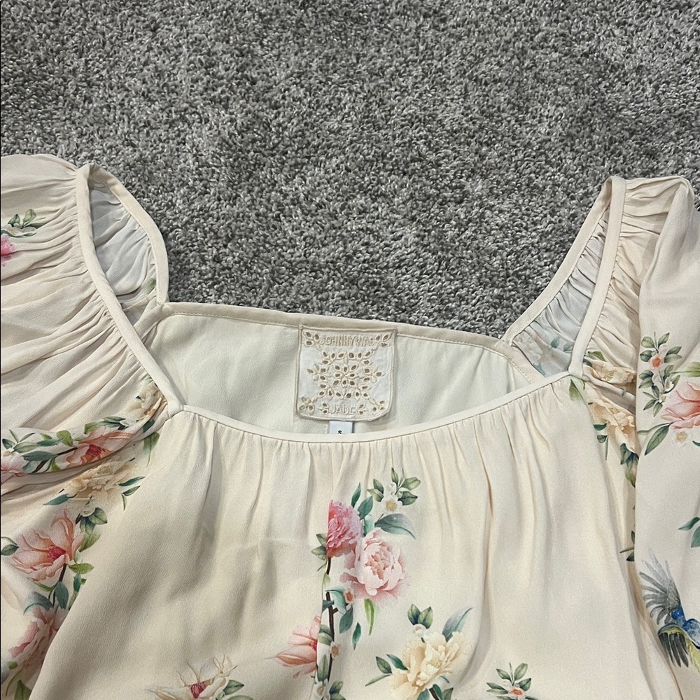 Johnny Was Cream Floral Peasant Blouse with Pink Rose Print - Picture 4 of 4